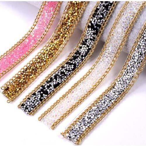 1Yard Hot Fix Rhinestones Chain Lace Trim For Clothing Crystals Beaded Lace Ribbon Iron On Jewelry Appliques Accessories