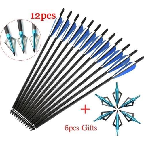 12pcs Hunting Crossbow Archery 16/20" Carbon Arrows Bolts Compound bow+ 6pcs Archery 125gr Arrowheads Broadheads