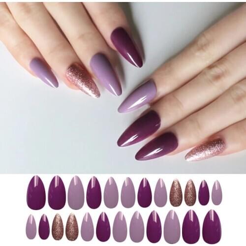 24Pcs Full Cover Fake Nails Purple False Nail Tips Mid-length Stiletto DIY Tools Manicure Acrylic UV Gel Polish Speed Nail Art