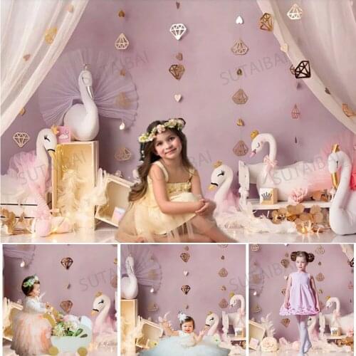 White Swan Princess Backdrops Girl Baby Shower Birthday Party Flowers Backdrop Photography Backgrounds Photo Studio Photocall