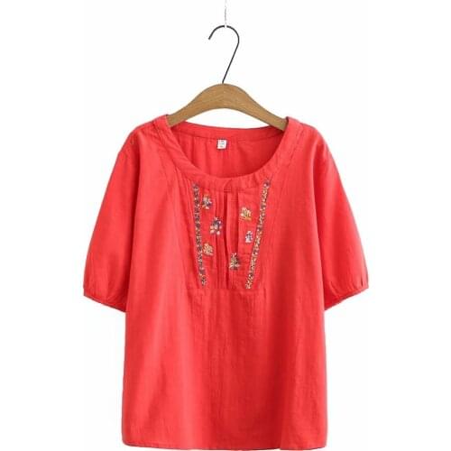 Plus size Embroidery cotton O-neck women tshirts 2021 casual summer red yellow navy off white ladies t shirts loose female tops