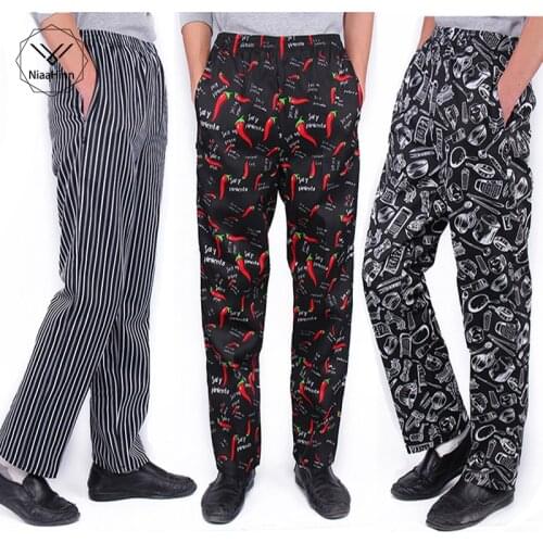 Breathable Chef pants striped trousers white black chef clothing special tooling elastic waist chef work pants for men and women