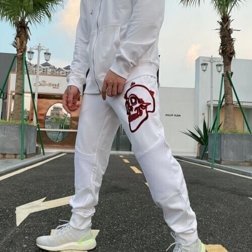 Alex Plein Sweatpants Jogging Trousers Outline Skull Mens Fashion Embroidery 100% Cotton White Streetwear Sportswear Stylist New