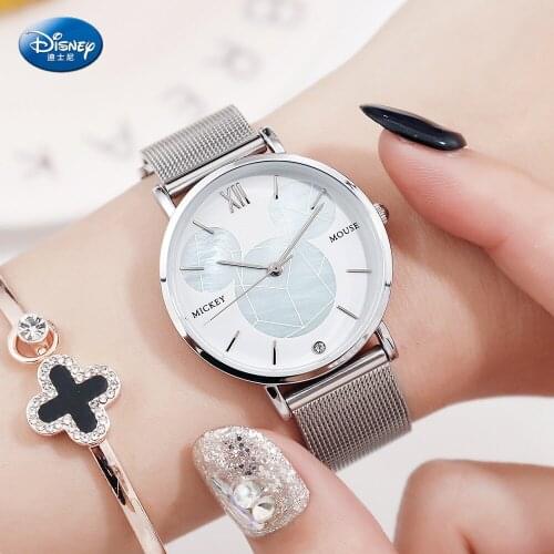 Disney Mickey Mouse Women Quartz Watch 3Bar Waterproof Simple Fashion Cute Round stainless steel Strap Women Watches Gift Alloy