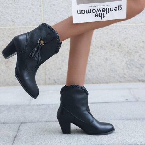 2020 Spring/Autumn Boots High Thick Heels Women tassel Zip Ankle Boot Female Square Toe Ladies Pu Casual boots