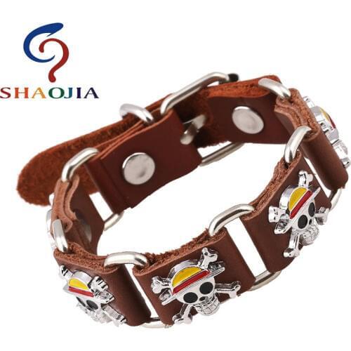 SHAOJIA Boy Fashion Classic Stainless Steel Pirate Skeleton Genuine Leather Bracelet Two Color Optional Link Bracelet Jewelry