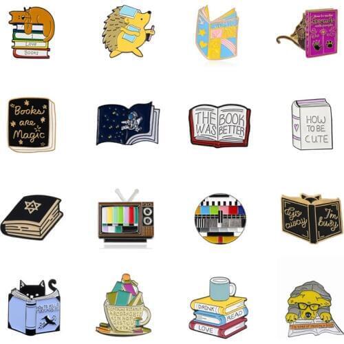 Cartoon Animal Cat Dog Learning Reading Book Brooch TV Astronaut Cup Magic Book Pin Badge Clothes Bag Woman Jewelry Gift For Kid