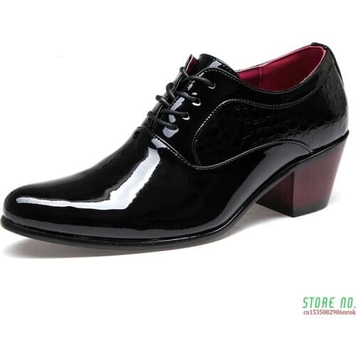 Men Dress Wedding Shoes Glossy Leather 6cm High Heels Fashion Pointed Toe Heighten Oxford Shoes Party Prom X-196
