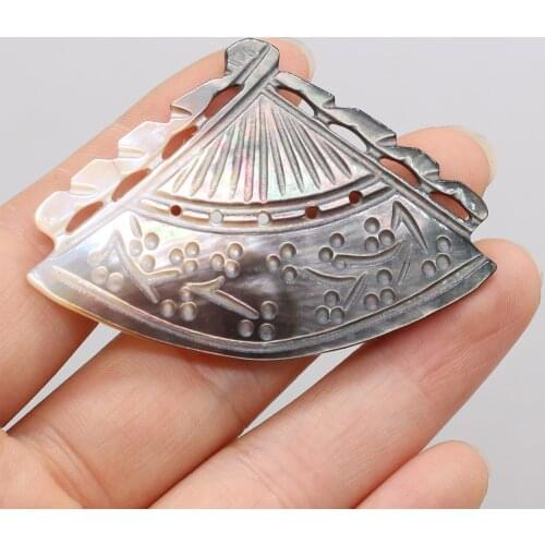 Natural Black Mother of Pearl Shell Bead Charm Carved Hollow Fan Shell Pendant for DIY Craft Hairpin Necklace Jewelry Making 1pc