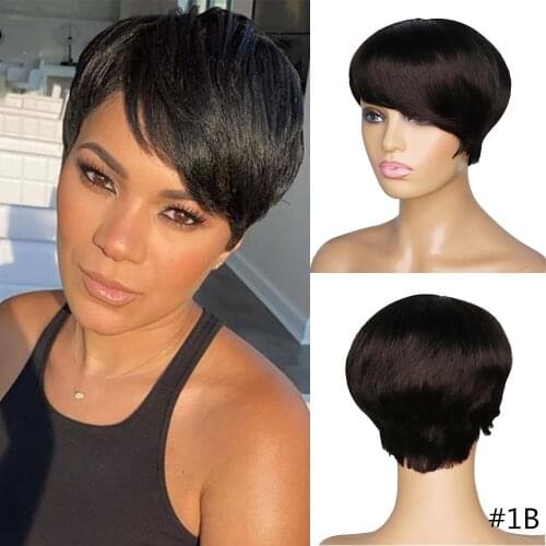 Colored Straight Short Pixie Cut Full Machine Made Human Hair Wigs With Bangs Glueless Brazilian Remy Hair For Black Women