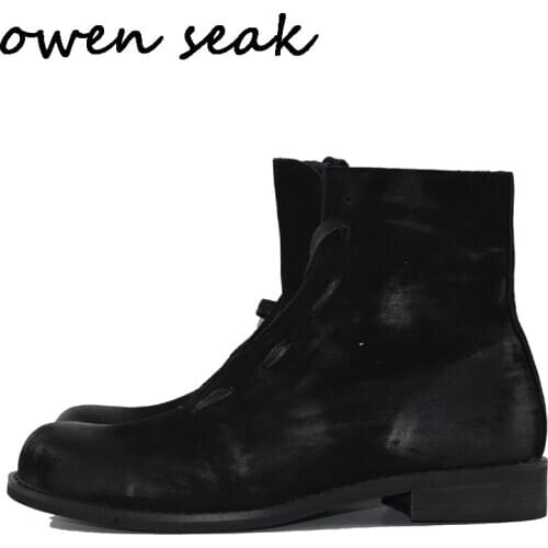 Owen Seak Men Riding Shoes High-TOP Ankle Boots Genuine Leather Sneaker Luxury Trainers Retro Casual Lace-up Flat Black Shoes