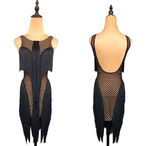 Fringe Latin Dance Dress Women Sexy Stage Costume Rumba Dresses Designer Clothes Black Tap Dancewear Tango Dancing Outfit JL3112