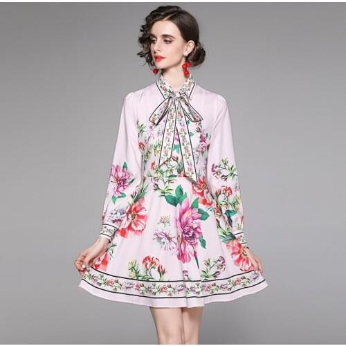 WTIANYUW New Fashion Runway Summer Flowers Shirt Dress Elegant Women Bowknot Floral Print Pink Lantern Sleeve Holiday Mini Dress