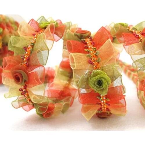 Pleated Trim|w Rococo Flower Trim|1 1/8 Inches Pleated Ombre Printed Chiffon Trim|Organza Chiffon Trim|Retro Handmade Supplies