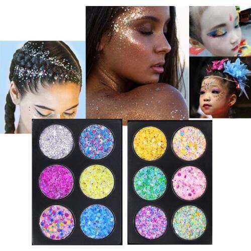 Popfeel 6 Colors Long-lasting Glitter Eyeshadow Pallete Eye Shadow Sequin Diamond Eye Face Forehead Hair Shiny Powder
