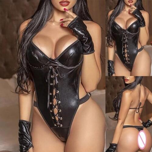 Sexy Lingerie Bodysuit Latex Leather Body Sex Costume Rompers Women Bra Teddies Sexy Underwear Bandage Backless Erotic