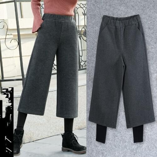 Thick autumn winter new casual straight pants women female fake 2pcs loose high waist woolen wide leg pants Plus Size Trousers