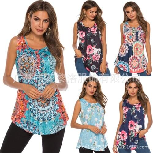 T Shirt Women Summer Clothes 2021 Europe Floral Print Button v-neck Singlet Leisure T-shirt Tshirt CHF9198