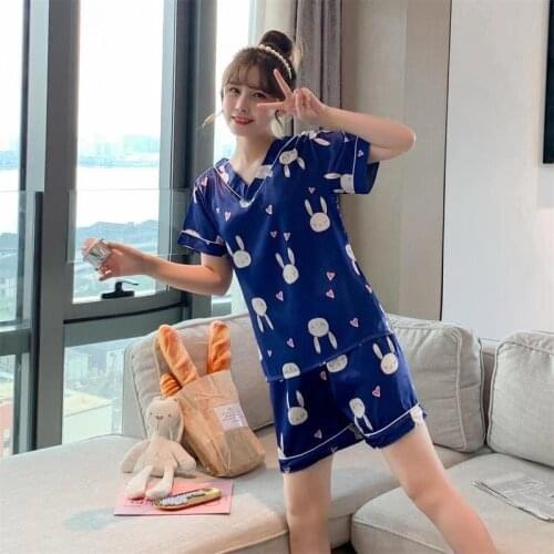Womens Sleepwear Cute Cartoon Print Short Set Pajamas for Women Silk Pajama Set Sweet Short Sleeve Top & Shorts Summer Pijamas
