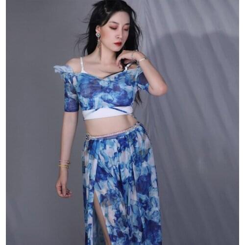 Belly Dance Costume Set Modern Dance Practice Clothes Split Hakama Ruffle Top And Pants Belly Dance Bollywood Costumes DN9042