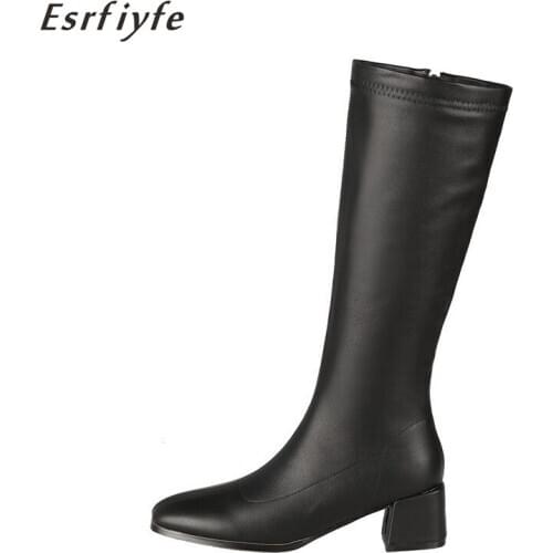 ESRFIYFE 2020 New Fashion Autumn Winter Women Knee High Boots Thick Heel Square Toe Shoes Woman Solid Short Plush Party Boots