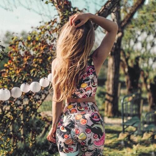 Womens Yoga Set Fruit Printed Yoga Nine-Point Hips High Waist Leggings Fitness Sportswear Stretch And Quick-Drying