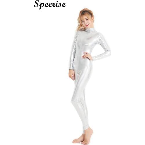 SPEERISE Women Long Sleeve Shinny Metallic Unitards Sex Full Body Bodysuit Spandex Dance Gymnastic Catsuit