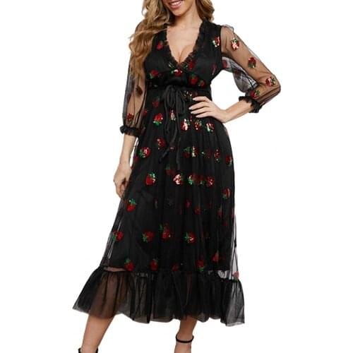 Women Fashion Elegant Formal Dress Sequins Strawberry Pattern Ruffles Patchwork V Neck Lace Net Yarn Dress for Wedding Dating