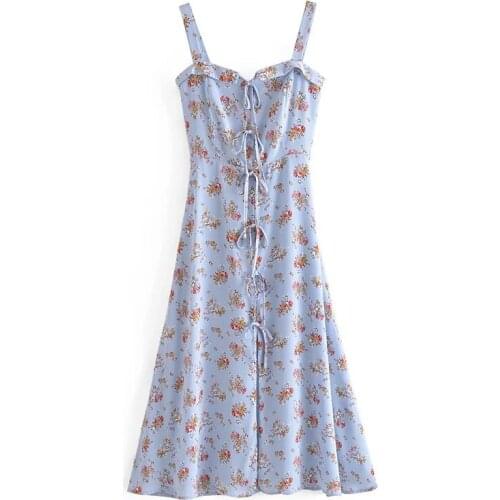 Women Dress French Style Floral Print Belt Bow Tie Side Split Spaghetti Strap Summer Dress Fashion Beach Holiday Vestidos Mujer
