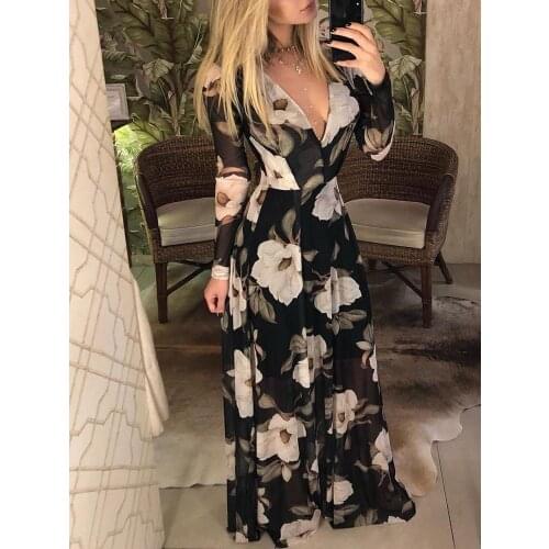 Gniherii Women Boho Holiday Floral Maxi Dress 2021 Spring Sexy V Neck Long Sleeve Slim High Waist Evening Party Formal Dresses