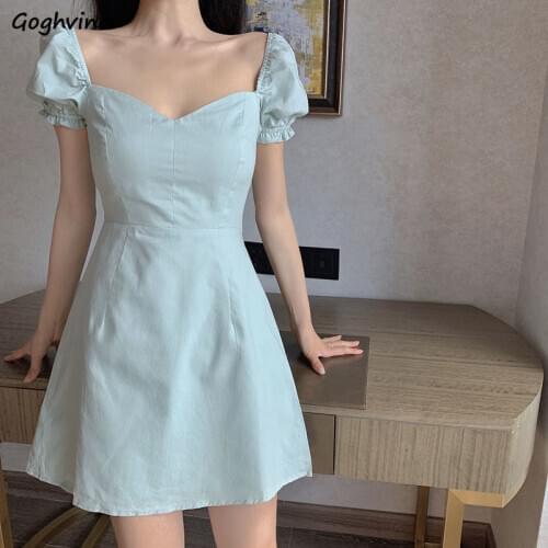 Dress Women Green Mini V-neck Lantern Sleeve Vintage Sweet Korean Style Sexy Club Party Fashionable Slim High Street Chic Retro
