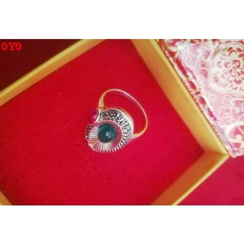 100%925 sterling silver with natural chrysoprase ring womens retro Thai silver ring