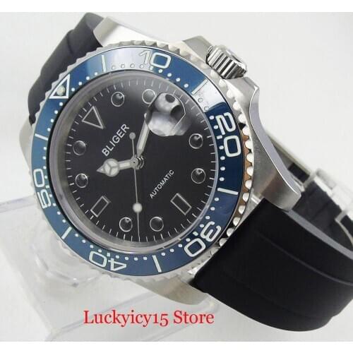 BLIGER 40mm Automatic Men Wristwatch Date Function Sterile Dial Ceramic Bezel MIYOTA Movement Rubber Strap