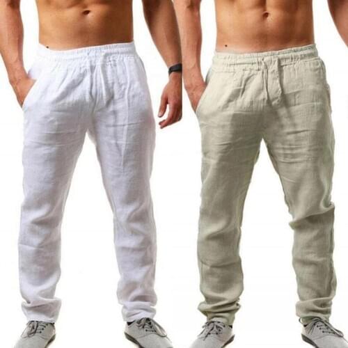 2020 New Fashion Men Casual Solid Color Mid Rise Elastic Pockets Drawstring Long Pants Breathable Trousers Fitness SportPants