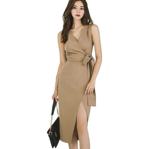 Summer Dresses Khaki Vneck Sleeveless Women Dress 2018 Office Lady Elegant Sashes Bodycon Sexy Party Asymmetrical Midi Sundress