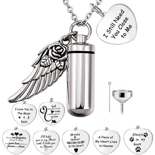 Fashion Cremation Urn Jewelry Angel Wing Cylinder Heart Necklace for Ashes Keepsake Cremation Pendant Stainless Steel
