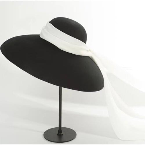 Fashion Winter Warm 100% Wool Luxury Hat Catwalk Model Wide Brim White Ribbon Casual Lady Fedoras Top Hat Women Sombrero Mujer