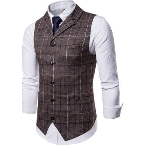 Mens Sleeveless Suit Vest Smart Casual Top Grey Blue New Mens Vest Casual Business Men Suit Vests Male Lattice Waistcoat Fashion