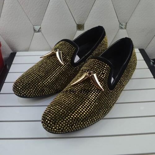 New Style Gold Crystals Rhinestone Men Shoes Luxury Diamond Party Wedding Flat Shoes Slip-on mens loafers