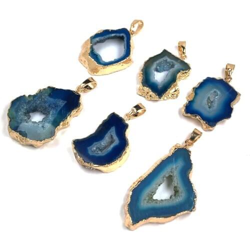 New Natural Stone irregular Shape Blue Agated Druzy Pendant for Charms Jewelry DIY Making Necklace Bracelet