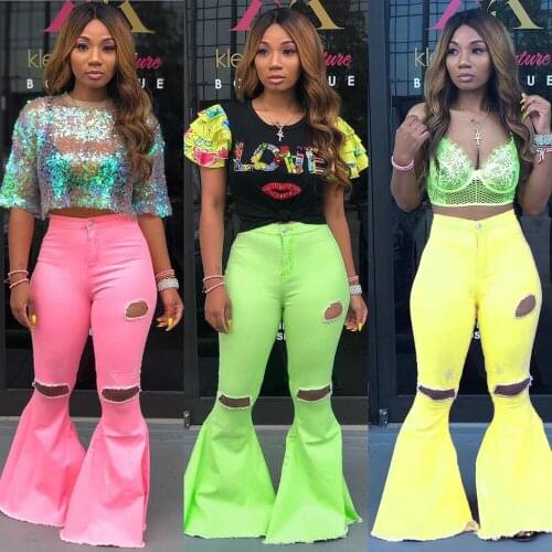 Solid Color Washed Hole Jeans Flared Pants Tight 2021 Womens Pants Street Wear Sports Versatile Picnic Date Night Club Pants