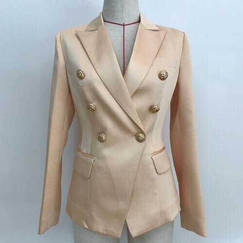2021 HIGH QUALITY Newest Designer Blazer Womens Double Breasted Lion Buttons Satin Blazer Jacket Champagne