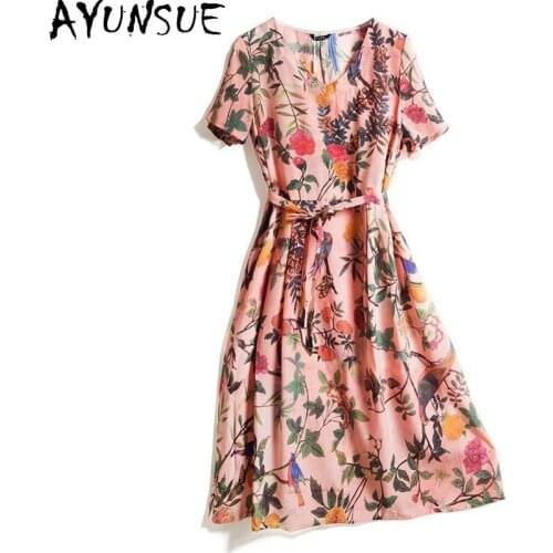 AYUNSUE 100% Silk Dress Women Summer Pink Floral Beach Dresses for Women Casual Korean High Quality Vintage Vestidos 2021 KJ6823