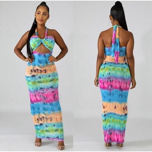 Tie Dye Colorful Stripe Halter Sexy Maxi Long Dress Summer Women Fashion Streetwear Outfits Sundress
