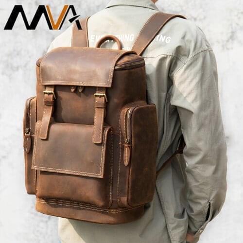 MVA Full Grain Leather Backpack Large Male Computer Bag Big School Backpack With Compartment Retro Weekender Backpack Travel Man