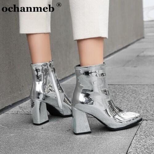 Chic Women Shiny Mirror Reflection Patent Leather Ankle Boots Silver Shoes Ladies Thick High Heels Pointy Toe Party Dance Boots