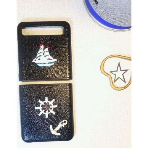 For Samsung Galaxy zflip mobile phone case f7070 f7000 folding 5g sailboat black leather shell