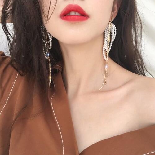 TIMEONLY Elegant Simulated Pearls Dangle Earrings Shiny Crystal Long Tassel Earring for Women Girls Fashion Charms Jewellery