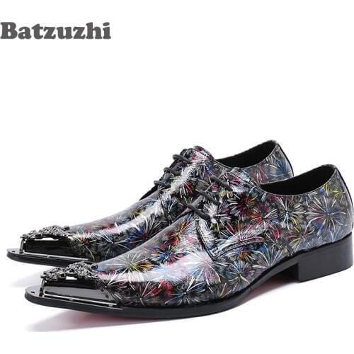 Batzuzhi Italy Style Men Shoes Pointed Metal Tip Color Leather Dress Shoes Men Formal Lace-up zapatos de hombre Party Footwear