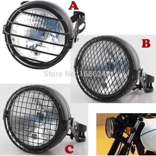 Universal Motorcycle Headlight + Headlamp Metal Grill Cover +Side Mount Brackets Kit for Choppers Bobber Cafe Racer Custom Black
